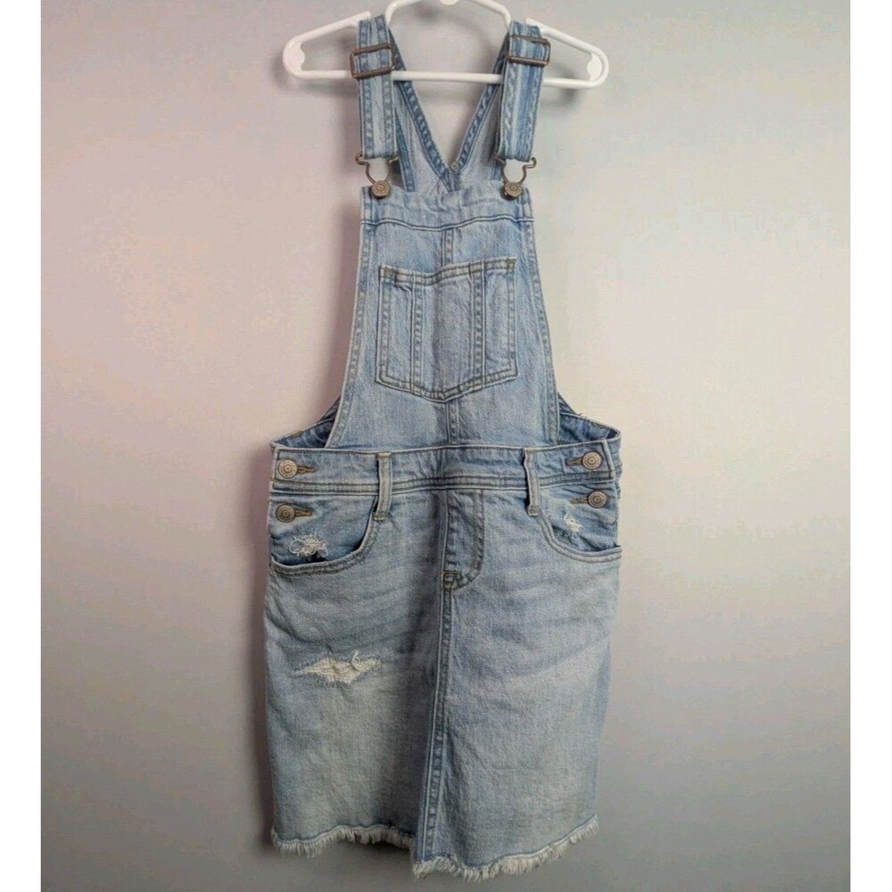 Cat & Jack Denim Distressed Overall Dress Girls L 10-12 Skirtall Skirt Stretch
